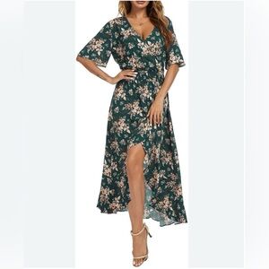 KorMei Green Floral Short Sleeve Hi-Low V-Neck Dress Womens Size XL NEW Flowy